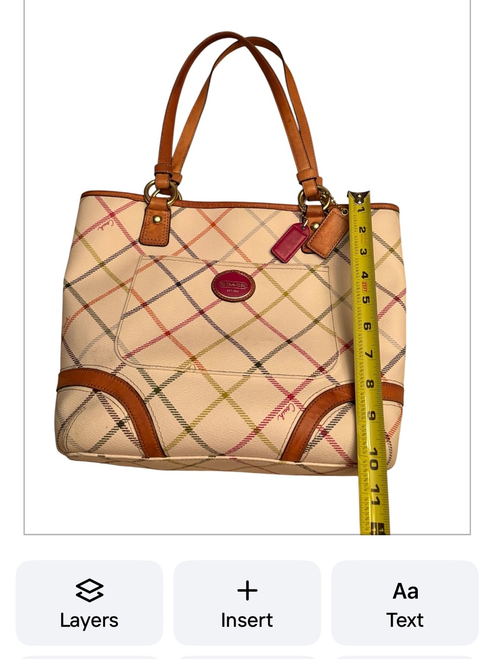 Coach Peyton Tattersall Leather Beige Plaid Pattered Logo Tote F21863 - Picture 12 of 14